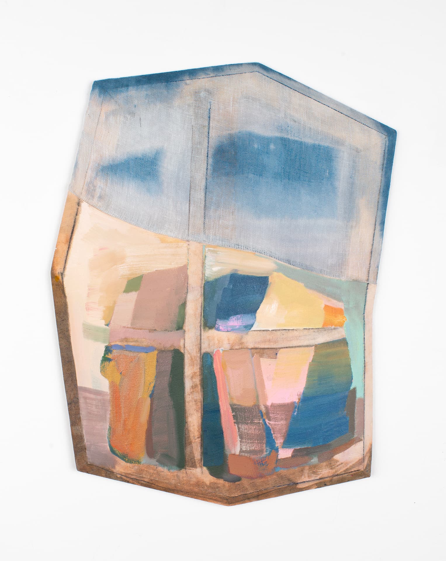 Eleanor Conover
Folly, 2026
Oil, graphite, and dye on sewn linen with beveled and bowed pine 
23 x 16 x 2.5